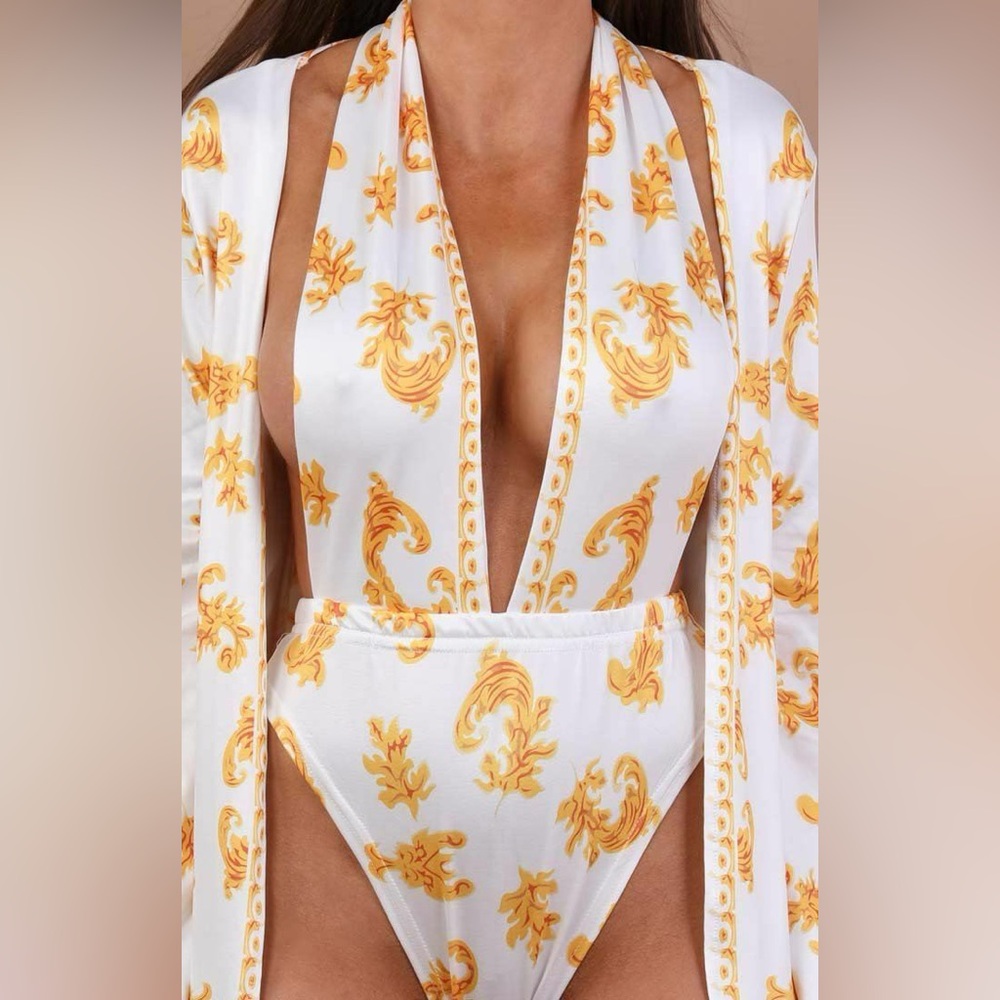 Two Piece Sexy Floral One Piece Bathing Suit and Sheer Cover Up Robe size small